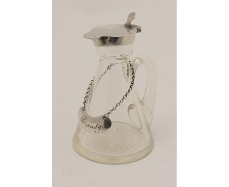 Edwardian silver mounted glass tot flask, Birmingham 1907, traditional conical form with hinged cover, 11cm; also a silver Br