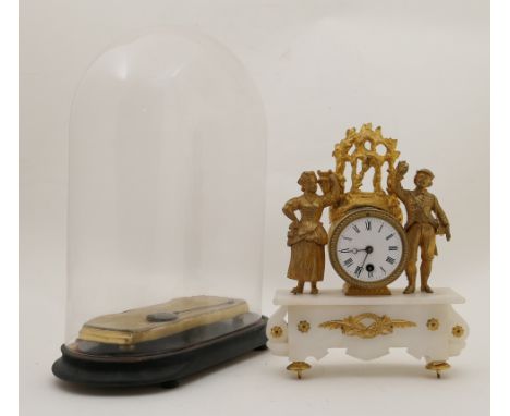 French gilt spelter and alabaster mantel clock, circa 1890, white enamel dial with Roman numerals flanked by figures, over an