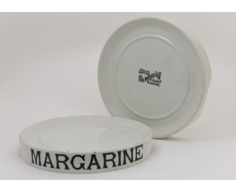 Late Victorian grocer's margarine stand, supplied by Parnall & Sons, Birmingham, white glazed circular form, printed 'Margari
