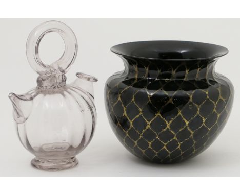 Studio glass vase, mid 20th Century, wide ovoid form with flared neck, decorated in a gilt painted lattice pattern against a 