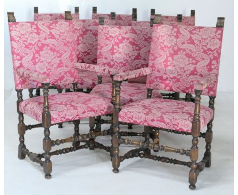 Set of eight oak and upholstered dining chairs in late 17th Century style, comprising two carvers and six singles, each havin