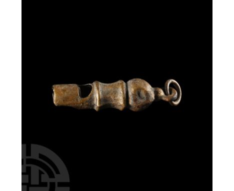 Circa 16th-17th century A.D. With ribbed body and suspension loop, narrow fipple. Cf. Leahy, K. and Lewis, M., The British Mu