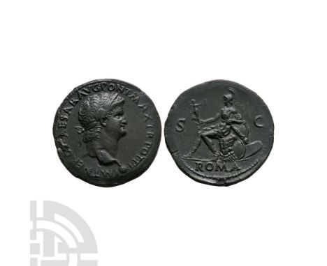 66 A.D. Lugdunum mint. Obv: IMP NERO CAESAR AVG PONT MAX TR POT P P legend with laureate bust right; globe at tip. Rev: Roma 