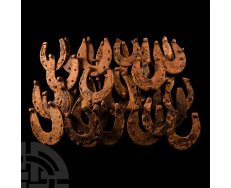 14th-16th century A.D. Comprising shoes of various sizes, types and dates and including examples retaining nails. Cf. similar