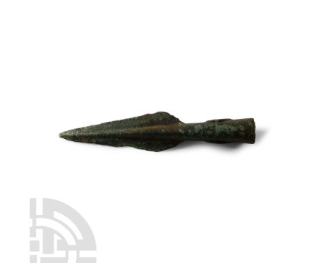 1500-900 B.C. A small leaf-shaped blade with lozenge-section midrib; two small lateral loops. Cf. Evans, J., The Ancient Bron