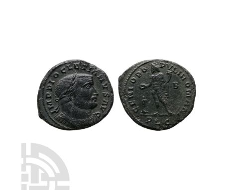 301-303 A.D. Lyons mint. Obv: IMP DIOCLETIANVS PF AVG, laureate, cuirassed bust right. Rev: GENIO POP-VLI ROMANI, Genius stan