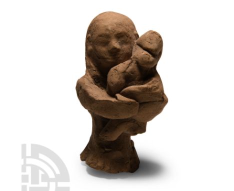 650-600 B.C. With flared base, press-moulded facial detail, irregular arms encircling a naïve figure of a swaddled baby; old 