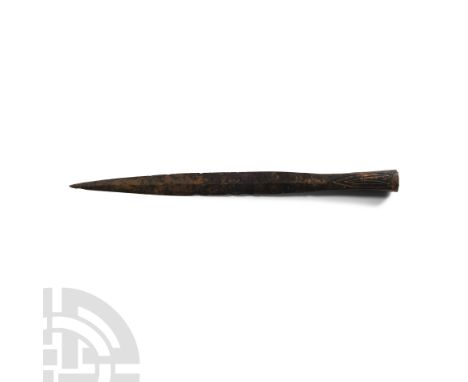 9th-10th century A.D. Type E with leaf-shaped blade with curved edges, socket tending towards a square internal cross-section