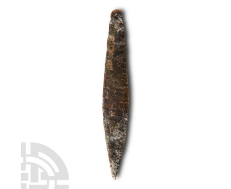 Neolithic Period, circa 2250-2050 B.C. Narrow dagger with acute pointed tip, thickened rear, old inked accession number '491'