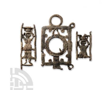 7th century A.D. Three-piece lead-alloy frame; central panel a rectangular frame with loops at the corners, suspension ring, 