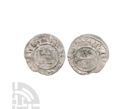13th century A.D. Obv: building with unclear legend. Rev: small cross with unclear legend.  0.35 grams. .Ex CNG, eSale 469 (w