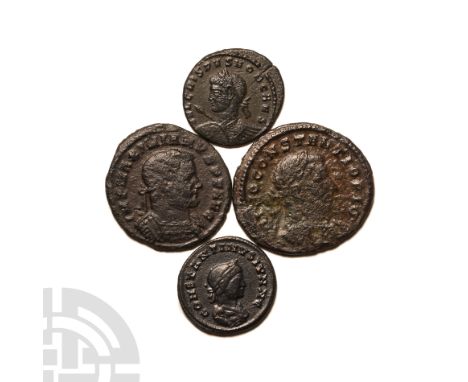 3rd-4th century A.D. Group comprising: bronze follis and AE3/4's of Maximianus I, Constantius I, Crispus, and Constantine II;