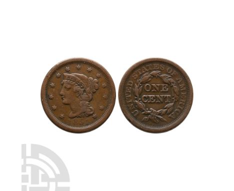 Dated 1851 A.D. Obv: Portrait facing left surrounded by thirteen stars, with date below. Rev: ONE CENT in a wreath and UNITED