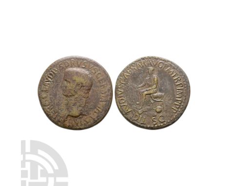 42-54 A.D. Rome. Obv: NERO CLAVDIVS DRVSVS GERMANICVS IMP, bare head left. Rev: TI CLAVDIVS CAESAR AVG P M TR P IMP P P, Clau