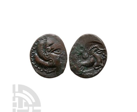 Circa 80-50 B.C. Class II. Obv: human head on the right, hair in three rolls, hair divided into large S-shaped locks, realist