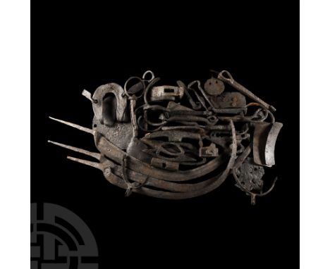 Circa 15th century A.D. Mainly comprising fire steels, sickles, tools and other miscellaneous objects; cleaned and conserved.