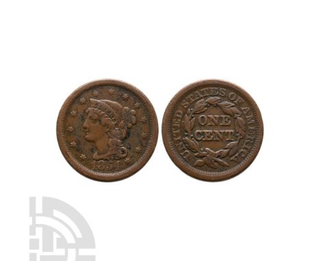 Dated 1851 A.D. Obv: portrait facing left surrounded by thirteen stars, with date below. Rev: ONE CENT in a wreath and UNITED