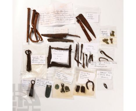 Circa 15th-20th century A.D. A mixed group including Tudor iron knife-blades and nails, Rus fishing hooks, mediaeval bronze b