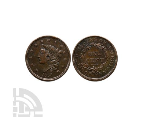 Dated 1836 A.D. Obv: portrait facing left surrounded by thirteen stars, with date below. Rev: ONE CENT in a wreath and UNITED