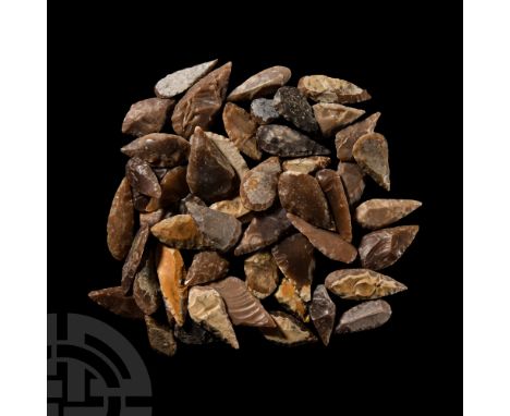 Neolithic Period, circa 8th-5th millennium B.C. Comprising fifty arrowheads in a variety of sizes, one with a tang.  109 gram