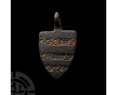 14th-15th century A.D. On a heater-shaped shield with pierced loop at the apex, three horizontal bars with the remains of red