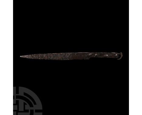 1450-1550 A.D. Comprising a single-edged blade, rivets for a scale tang; remains of quillon. Cf. Michalak, A., Arma confinii,