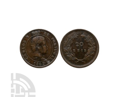Dated 1892 A.D. Obv: portrait of Charles I facing right, CARLOS I REI DE PORTUGAL // . 1892 legend. Rev: large wreath and oli