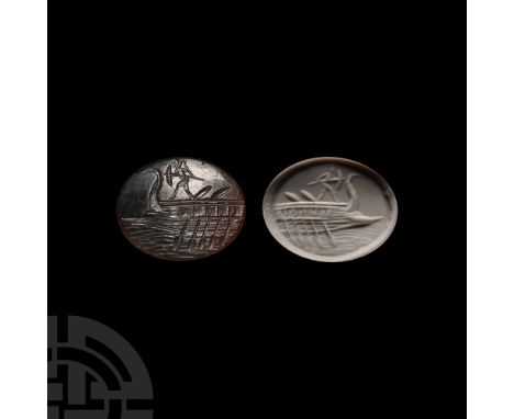 Roman, circa 1st century B.C. or later. With intaglio warship with oars extended, hero on deck with crested helmet, spear and