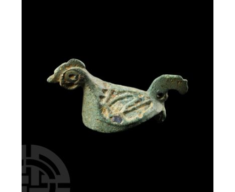 Circa 2nd century A.D. Modelled in the haf-round with hollow underside, pin-lugs at the tail and pierced lug for attachment o