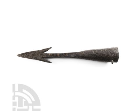 4th-6th century A.D. Fitted with a triangular blade with two barbs, expanding tubular socket. Cf. Bemmann, G. &amp; Bemmann, 