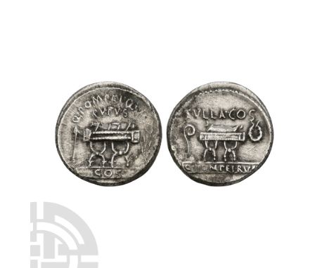 58 B.C. Rome mint. Obv: curule chair with arrow left and laurel-branch right; Q POMPEI Q F / RVFVS in two lines above and COS