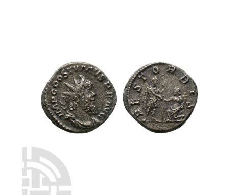 268 A.D. Cologne mint. Obv: IMP C POSTVMVS P F AVG, radiate, draped and cuirassed bust right. Rev: REST ORBIS, Postumus stand