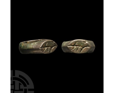 1st century B.C. D-section hoop and tall scaphoid bezel, intaglio design of an antelope.  10.82 grams, 26.08 mm overall, 15.9