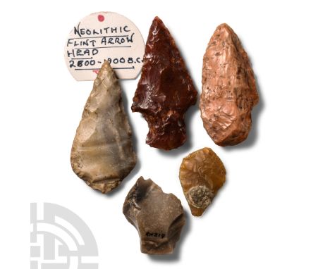 Neolithic Period, 6th-4th millennium B.C. The group comprising: a leaf-shaped arrowhead with an old ticket 'Neolithic flint a