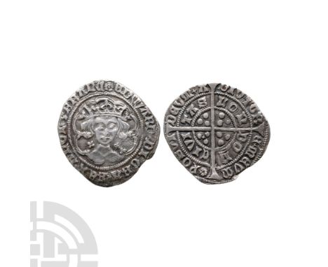 1468-1489 A.D. First reign, light coinage. Obv: facing bust with quatrefoils at neck within tressure with EDWARD DI GRA REX A