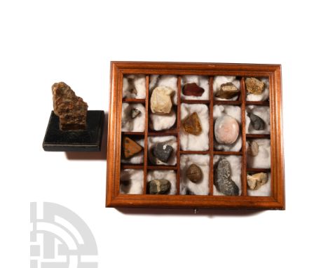 Comprising: tiger's eye; amber; red jasper with one polished face and old collector's label; pink onyx(?) polished to an egg-