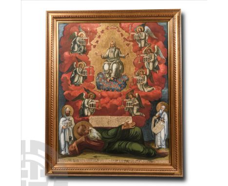 Early 19th century A.D. From the Book of Revelation or Apocalypse; the central image of seated Christ on a blue cloud with go