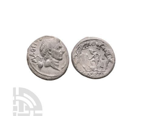 42-40 B.C. Sicily (Catania?). Obv: MAG PI[VS IMP ITER] legend with bare head right with jug left and lituus right (off flan).