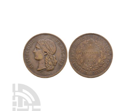 Dated 1789 A.D. Obv: portrait left, RÉPUBLIQUE FRANÇAISE legend. Rev: circular legend REPUBLIQUE FRANÇAISE / EXPOSITION UNIVE