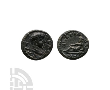 209-212 A.D. Timbriada, Pisidia mint. Obv: A K ? CE ?ETAC, laureate, draped and cuirassed bust right. Rev: TIMB?IA?E?N, river