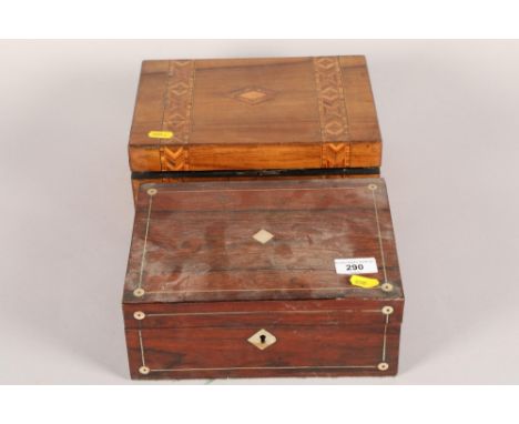 Rosewood and mother of pearl inlaid box; together with an inlaid walnut writing box (2) 