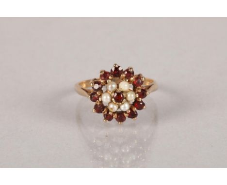 9 carat yellow gold ruby and seed pearl cluster ring; 3.2g 