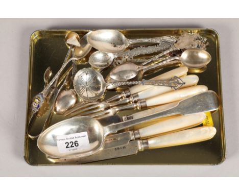 Irish Georgian silver tablespoon; together with assorted silver bladed mother of pearl handled knives and assorted other silv