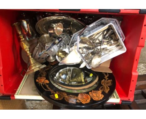 Box of assorted silver plate; together copper kettle, brass candlestick and other items 
