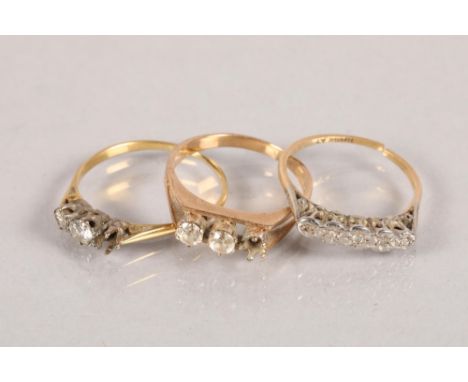 18 carat yellow gold and platinum set ring; together with two 9 carat yellow gold gem set rings; 6g 