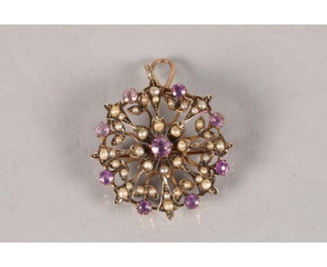 Unmarked seed pearl and amethyst circular pendant; 7.1g 