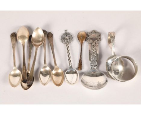 Two Norwegian silver spoons; other silver to include spoons and napkin ring etc 