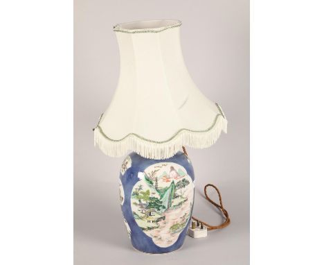 19th century Chinese porcelain vase and cover; converted to a table lamp; decorated with panels of landscapes and objectsCOND