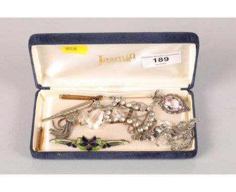 Sterling silver and enamel brooch; together a white metal propelling pencil and items of costume jewellery 