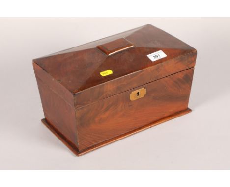 Regency mahogany tea caddy; opening to reveal three sections; (mixing bowl missing) 